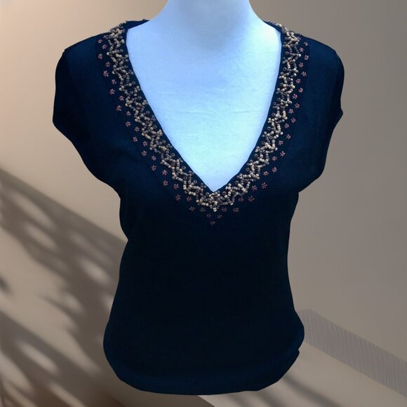 Dana Buchman Black Beaded Embellished V-Neck Cap/Short Sleeve Sweater Top (Sz M) - Picture 1 of 12